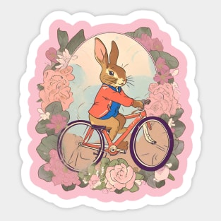 Cycling Enthusiast Cycler of Rabbit in Vintage Flowers Adventure Sticker